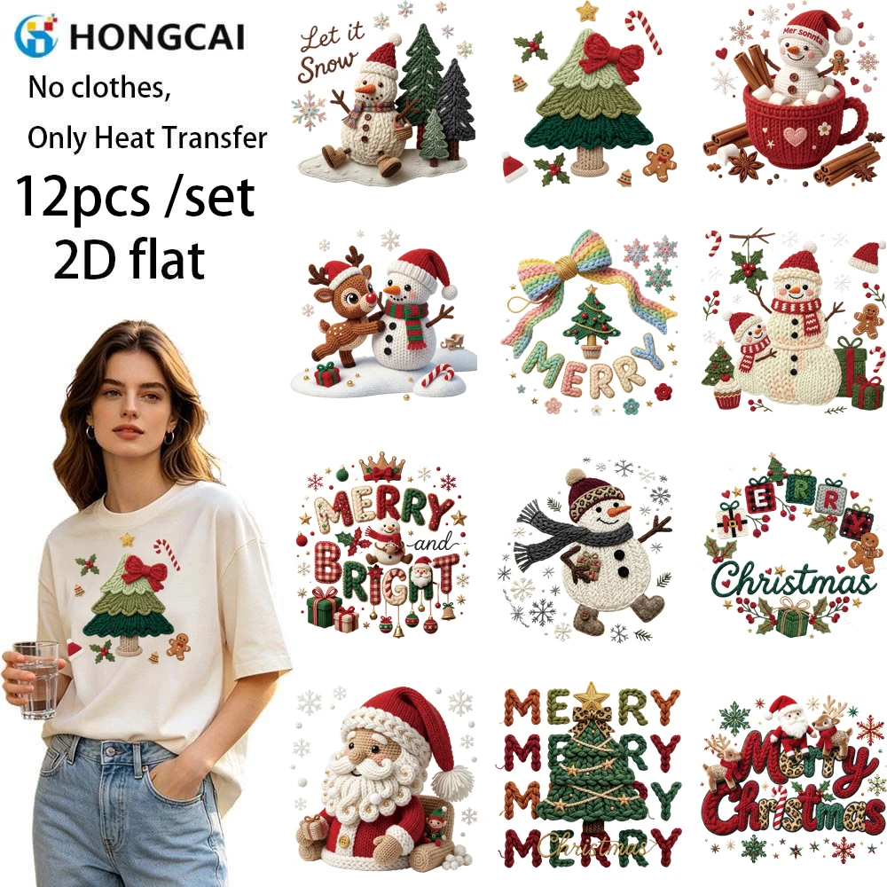 12Pcs Wind Christmas Elements HTV, Snowman Reindeer Tree Full Coverage, Iron-on Washable Non-Fading Clothes