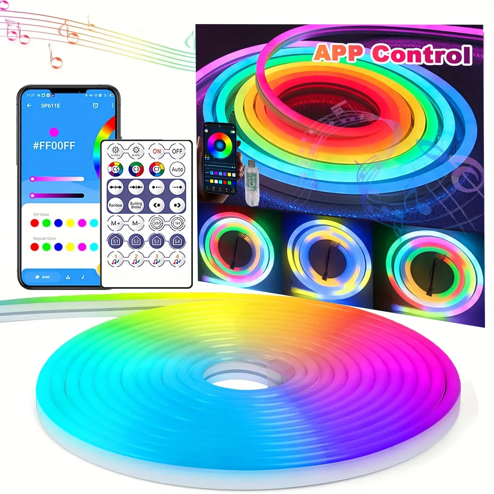 

WS2812B RGB-IC LED Neon Light Strip Music Sync USB Flexible Ambient Backlight for TV Desktop Festival Party Christmas Decoration