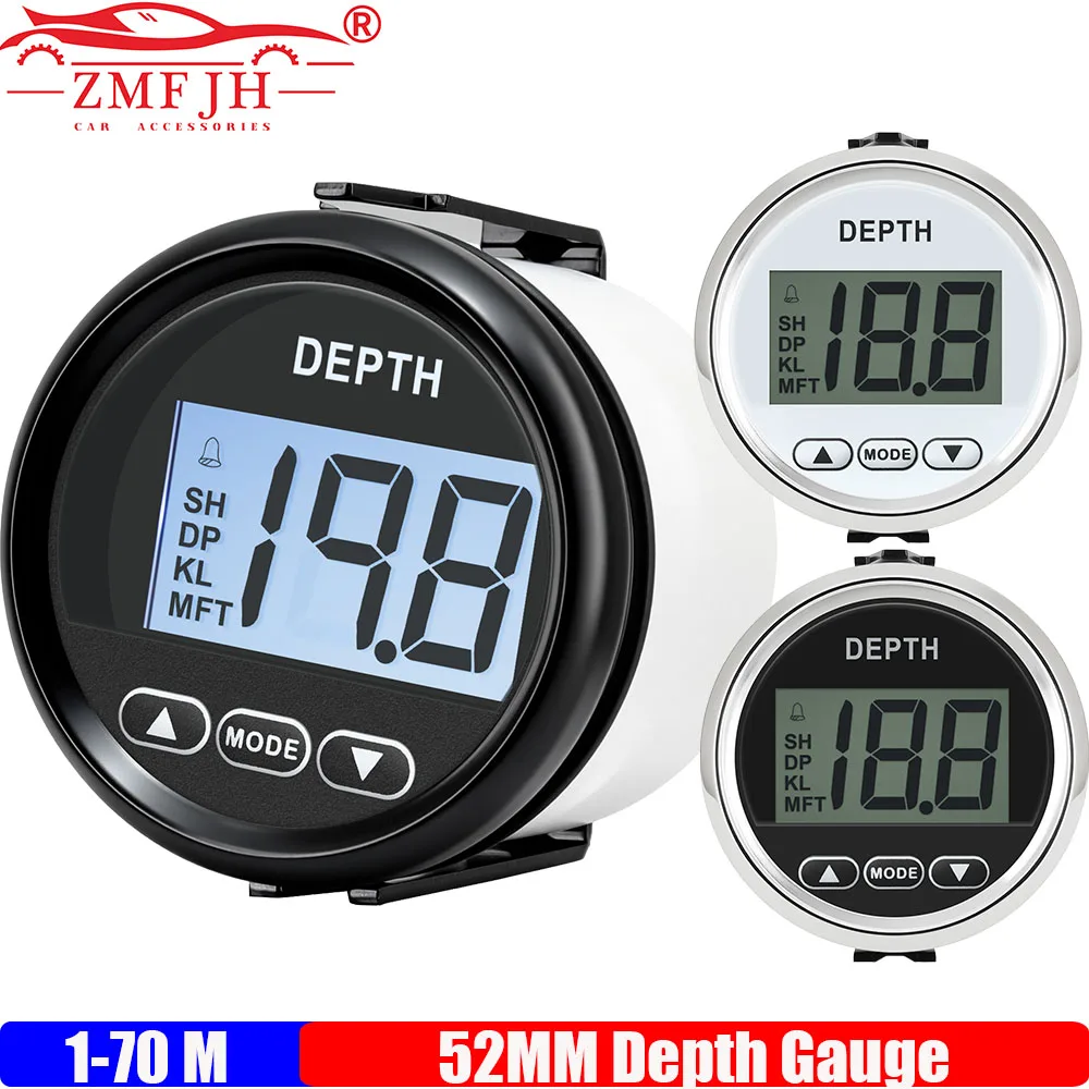 ZMFJH Marine 52mm Digital Depth Gauge Indicator with Transducer and White Backlight for Yacht Fishing Boats Universal 12V