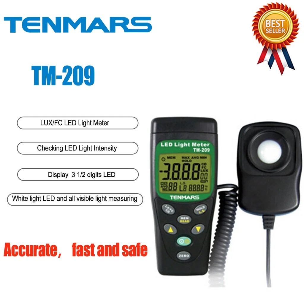 TENMARS TM-209 LUX/FC LED Light Meter Cosine Angular CorrectedMeasuring Intensities of Illumination in Lux or Foot-Candle.