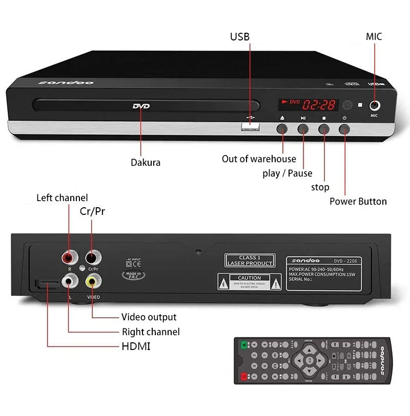 Reproductor Multimedia de DVD para el hogar, dispositivo con salida AV, micrófono USB remoto, Full HD 1080P, CD, VCD