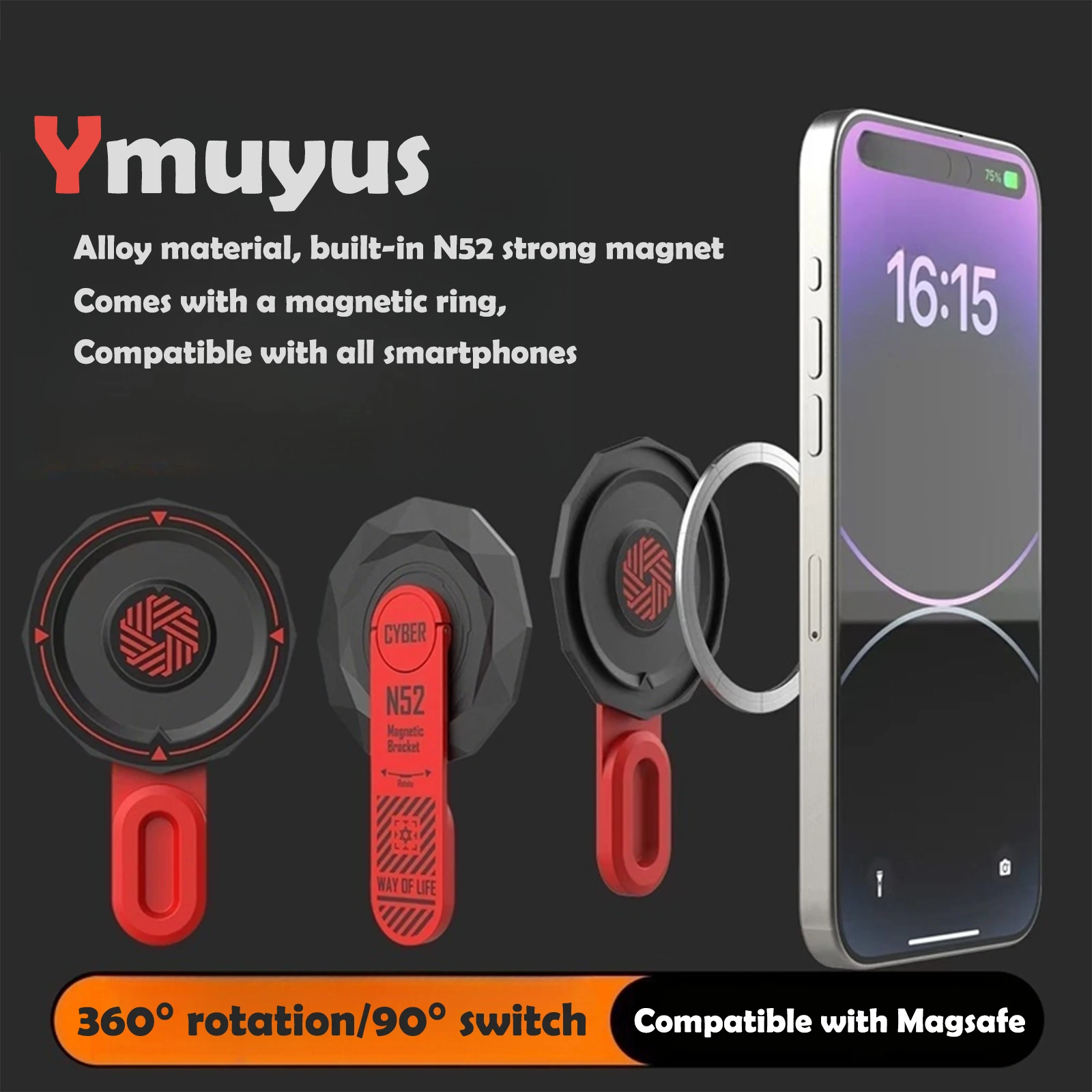 Soporte magnético de moda para teléfono para iPhone, 360 °   Rotación/90 °   Interruptor, material de aleación de aluminio compatible con MagSafe