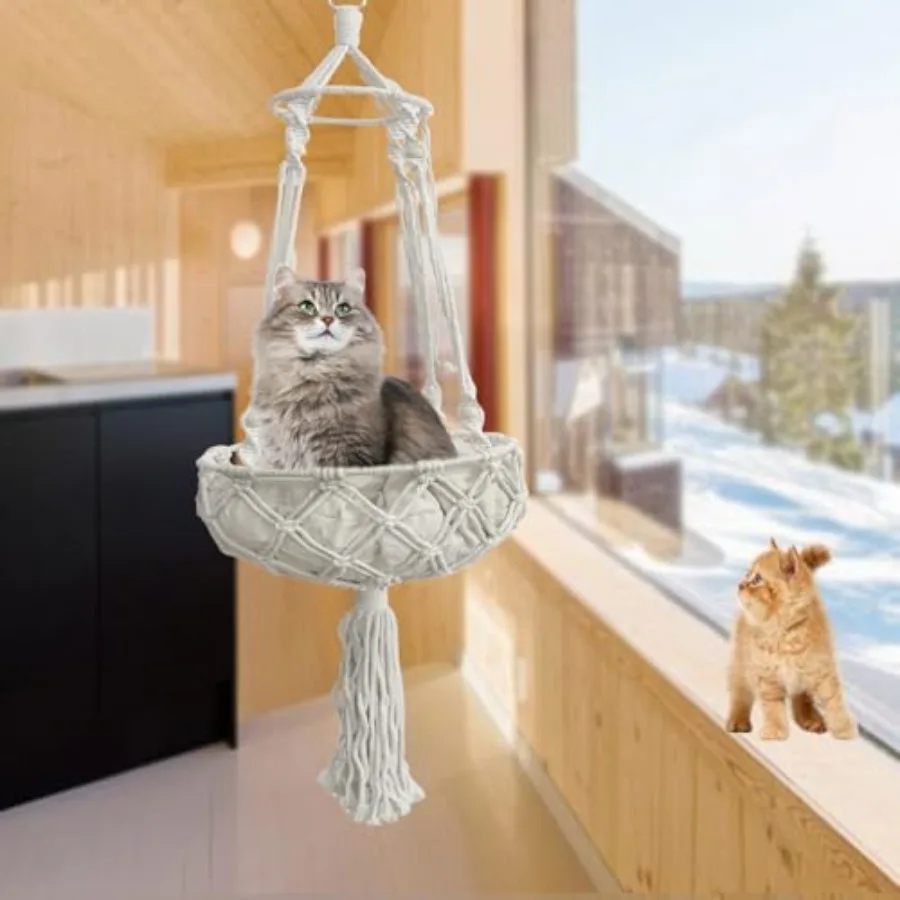 Macrame Cat Hammock with Cushion, Handwoven Cats Bed, Hanging Indoor Boho Kitten Swing Beds for Playing Sleeping Climbing and L