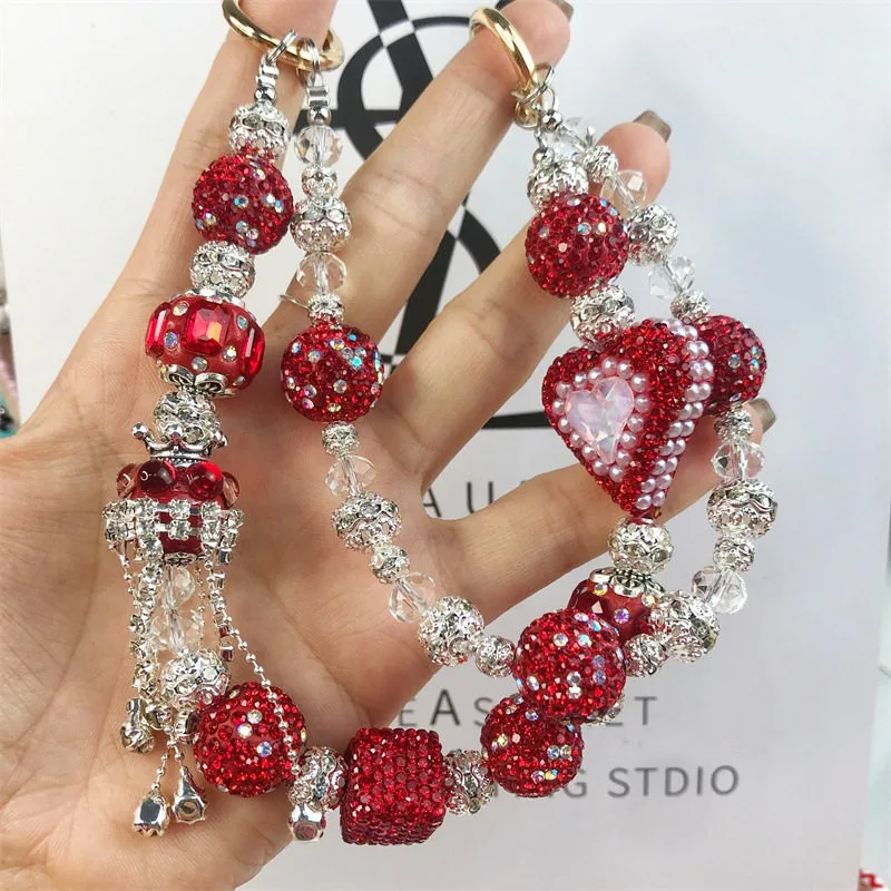 Handmade Beaded Phone Lanyard Multi‑Color Sparkly Rhinestone Heart Crystal Beads Bag Pendant Aesthetic Backpack Key Accessories