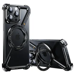 Z Shape Titanium Metal Magnetic Case For iPhone 15 14 13 Pro Max Rimless Aluminum Alloy Bumper 360° Rotation Holder Cover