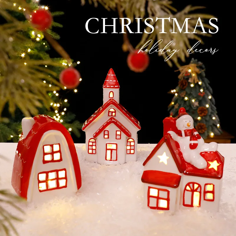 

LED Light up Ceramic Decoration Landscape Lighted up Christmas Village House Nordic Ceramic Christmas House with LED Lights Glow