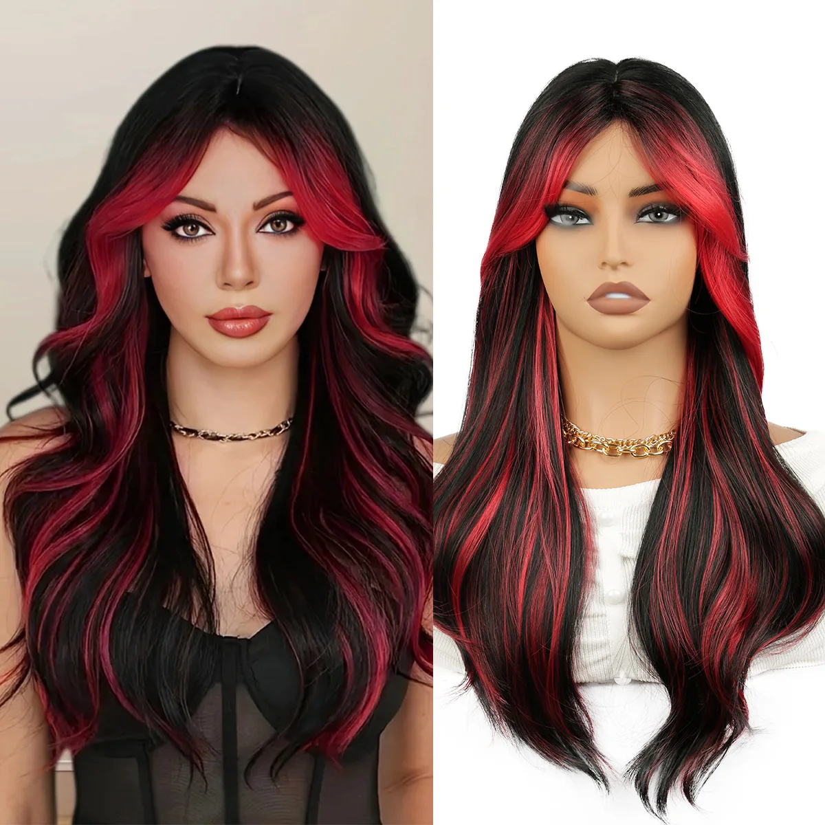 

Body Wave Wig Black Red Ombre Wigs for Women 24 Inch High Quality Synthetic Heat Resistant Wigs Daily Cosplay Party Halloween