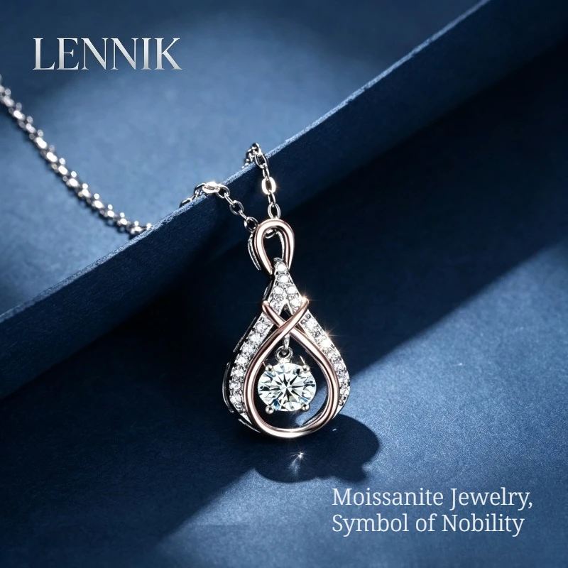 LENNIK S925 Sterling Silver Beating Heart Necklace Women's Light Luxury Versatile Smart Water Drop Pendant Clavicle Chain