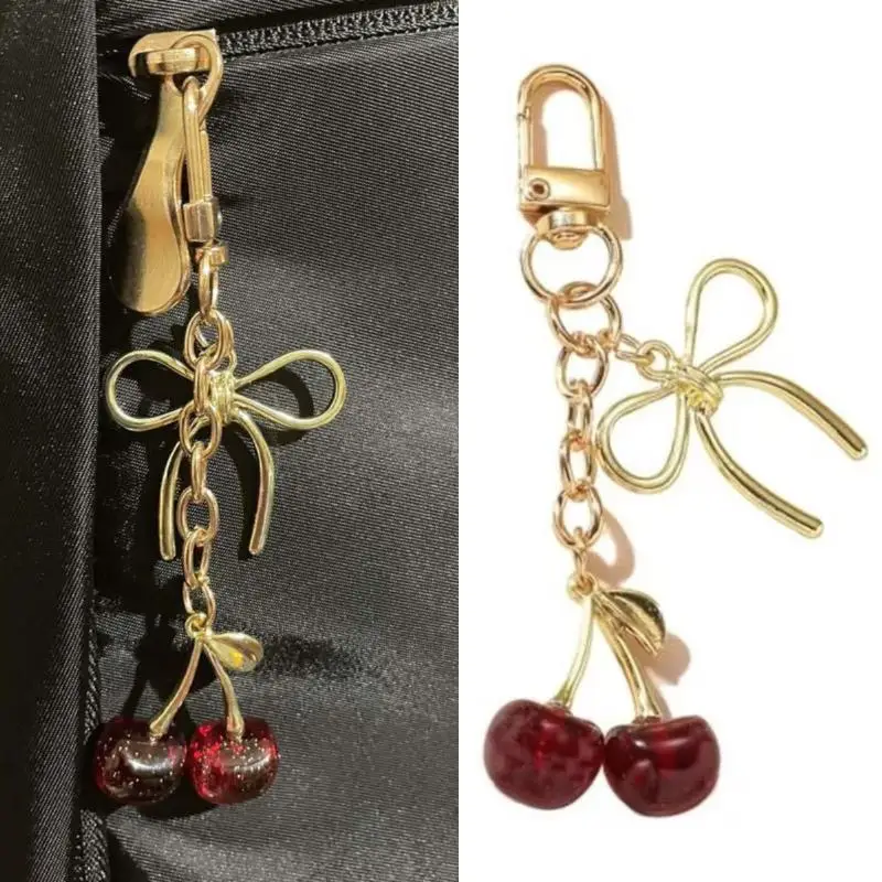 Kirsch-Schleifen-Schlüsselanhänger, goldfarben, mit rotem Kirsch-Anhänger, Taschenanhänger, Schlüsselring für Damen und Mädchen, süßer Handtaschen-Anhänger, Schmuck-Accessoire, Geschenk – Detail 4