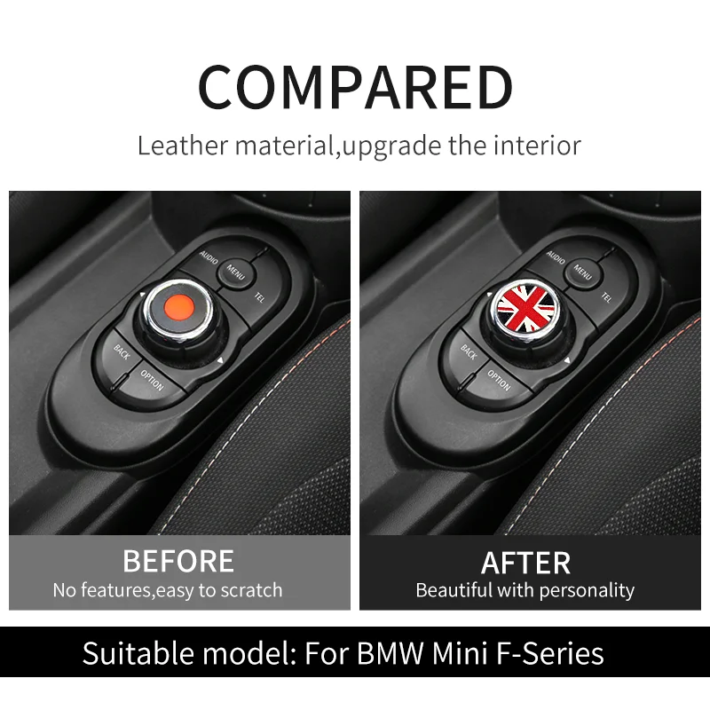 2pcs For MINI Cooper F55 F56 F57 F60 Countryman Clubman Leather Central Control Volume Multimedia Button Knob Sticker Styling