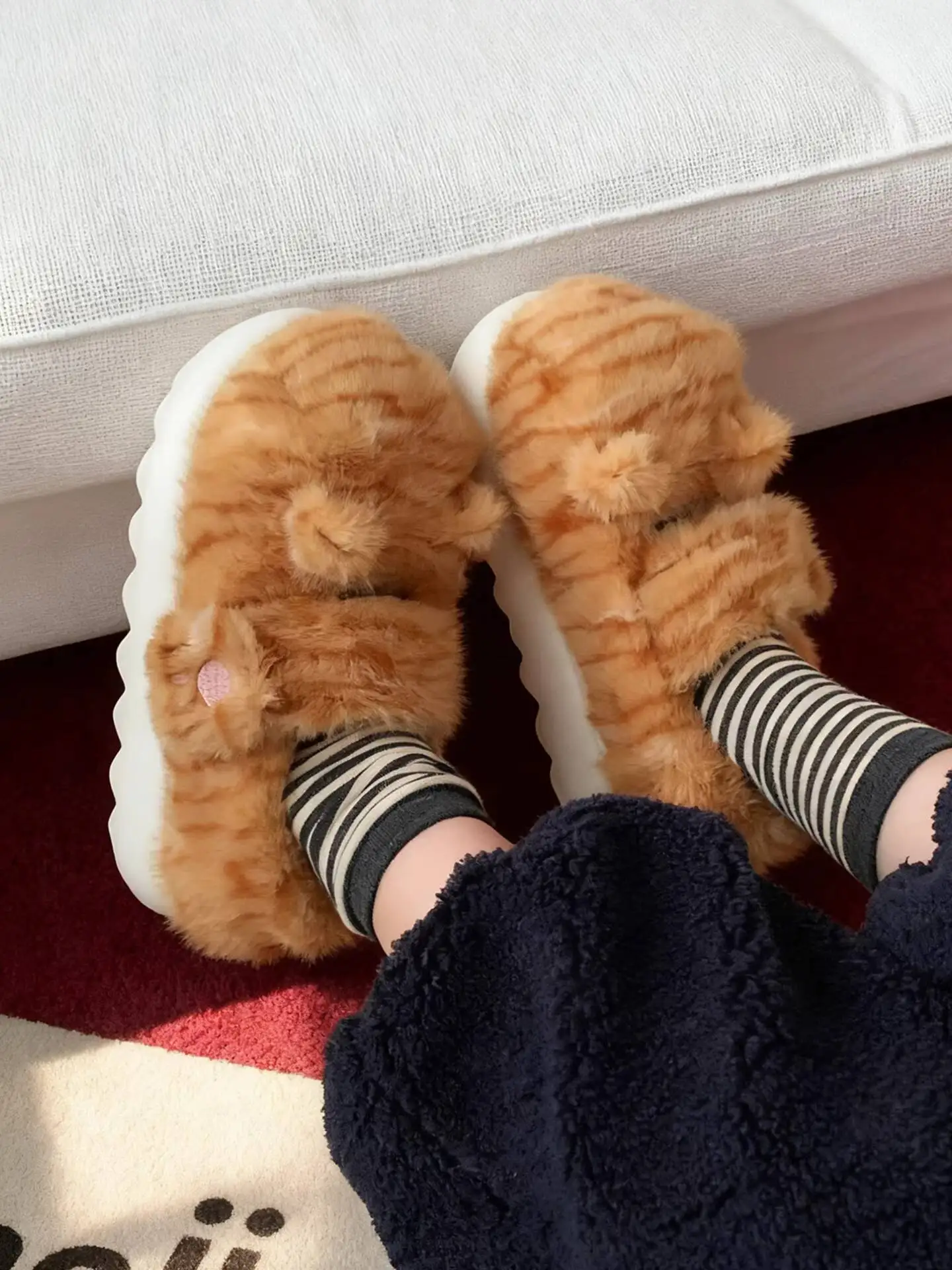 Women's Plush Home Slippers Winter Outdoor Furry Shoes Cute Orange Thick Sole Bean Shoes With Cat Ears Cotton Slippers