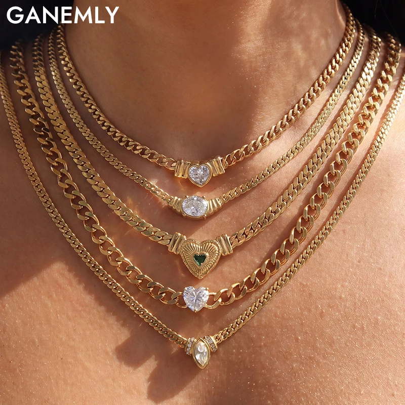 GANEMLY 316L Stainless Steel Shiny Cubic Zirconia Heart Collar Necklace For Women Delicate Daily Waterproof Jewelry Lady Gift