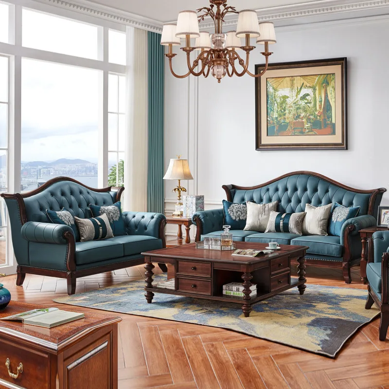 Mahogany core wood leather sofa living room solid wood sofa combination first layer cowhide sofa N567