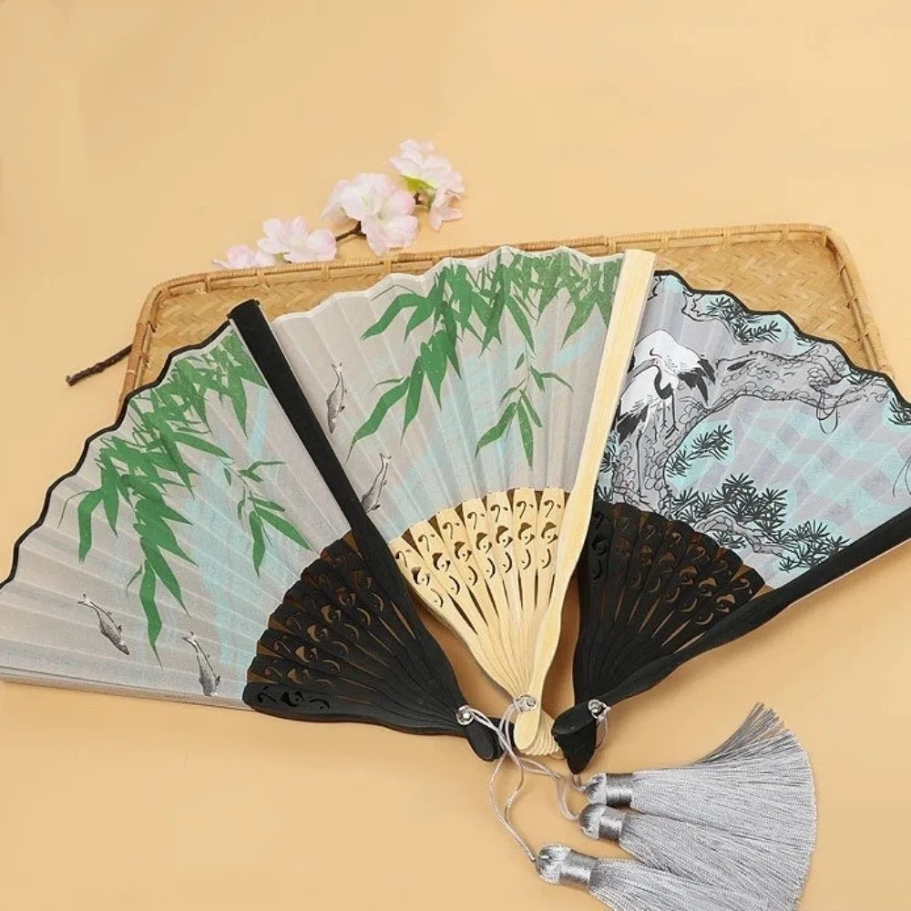 7-Inch Ancient Style Folding Fan Classical Handmade Dance Fan with Tassels Traditional Crane Handheld Fan Home Decoration