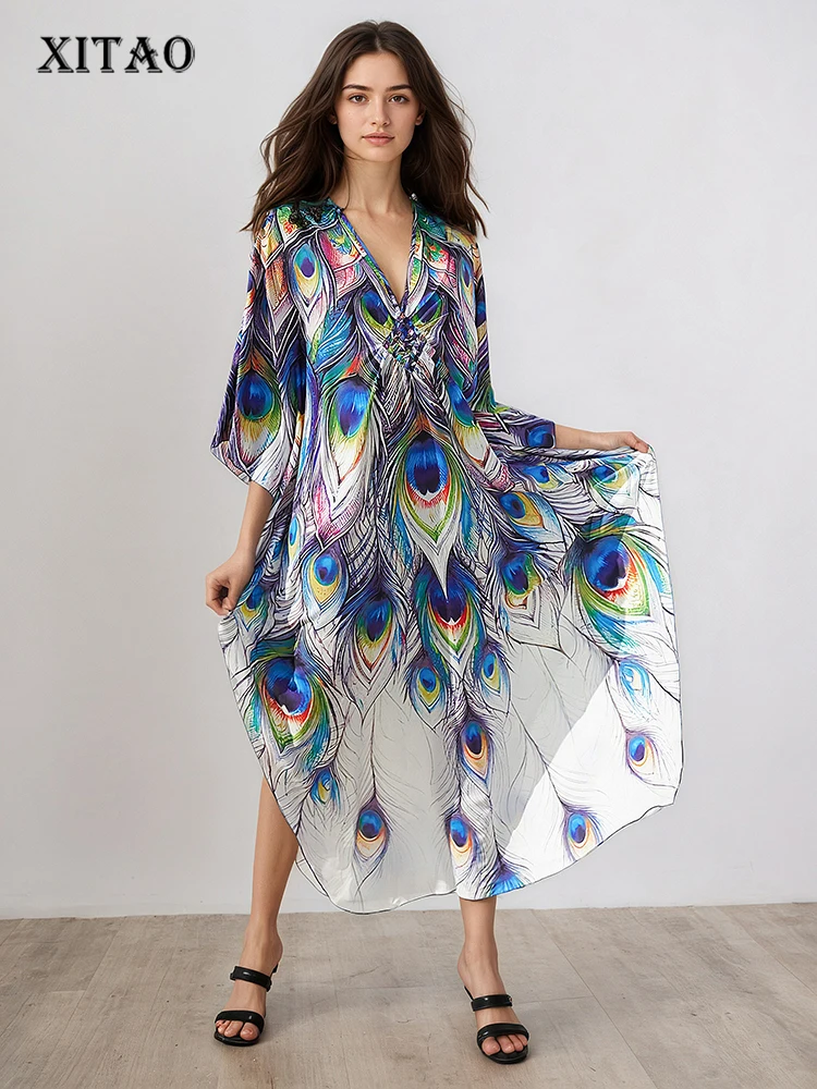 

XITAO нерегулярное платье с рукавами «летучая мышь» с мультяшным принтом, женское осеннее тонкое пляжное пуловер с v-образным вырезом, платье с рукавами три четверти GJ1206