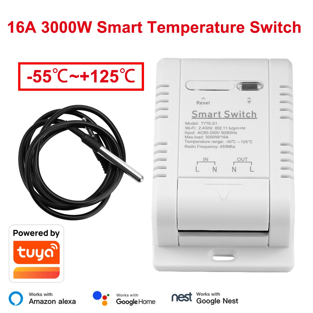 

16A 3000W Smart Temperature Switch -55℃-125℃Temperature Power Monitor with Thermostat Probe Sensor Compatible with Alexa