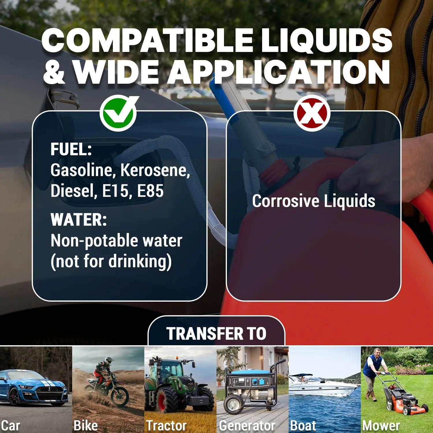 Automatic Portable Battery Operated Fuel Transfer Pump w/Auto Stop Sensor & Nozzle Clip, Powerful Hand Fuel Pump- Quick Liquid