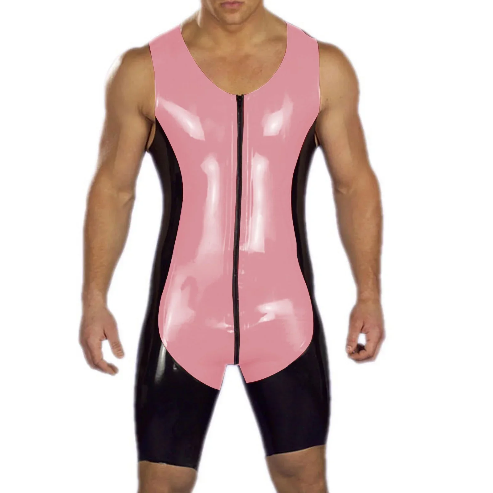 Men 100% Latex Fitness Gummi Catsuit Sports Zipper One Piece Swimsuit Bodysuit Colorblock