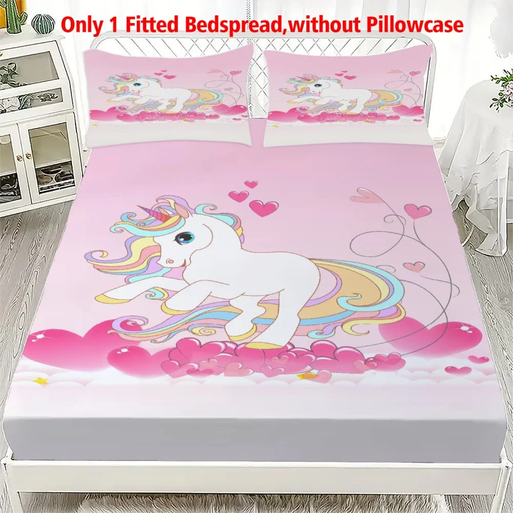 1pc Cute Rainbow Mane Unicorn Print Fitted Sheet Deep Pocket Elastic Mattress Cover Single Double Queen King Bedroom Decor