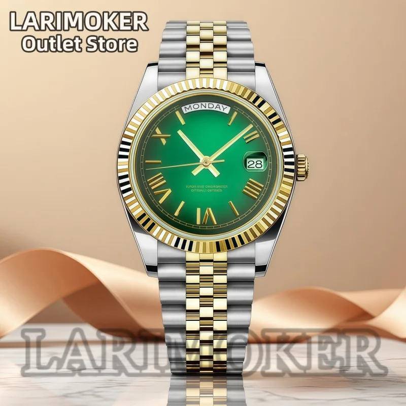LARIMOKER 36mm 39mm Men's Automatic Watch Fits Miyota 8285 Two-Tone Gold Steel Band Day-Date Business Casual Luxury Wristwatch