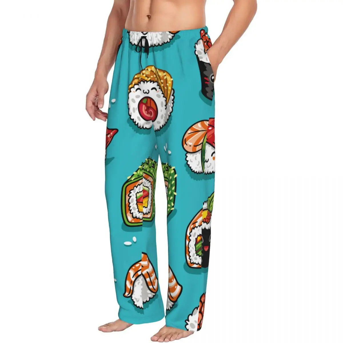 Custom Printed Men's Pajama Pants Cartoon Rolls Sushi Food Sleepwear Sleep Lounge Bottoms with Pockets