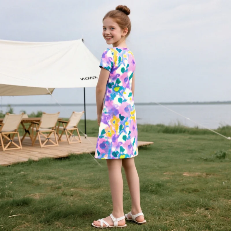 فستان بناتي بأكمام قصيرة ملون لعام 2025 - ملابس أطفال كاجوال للعطلات الصيفية والتخييم