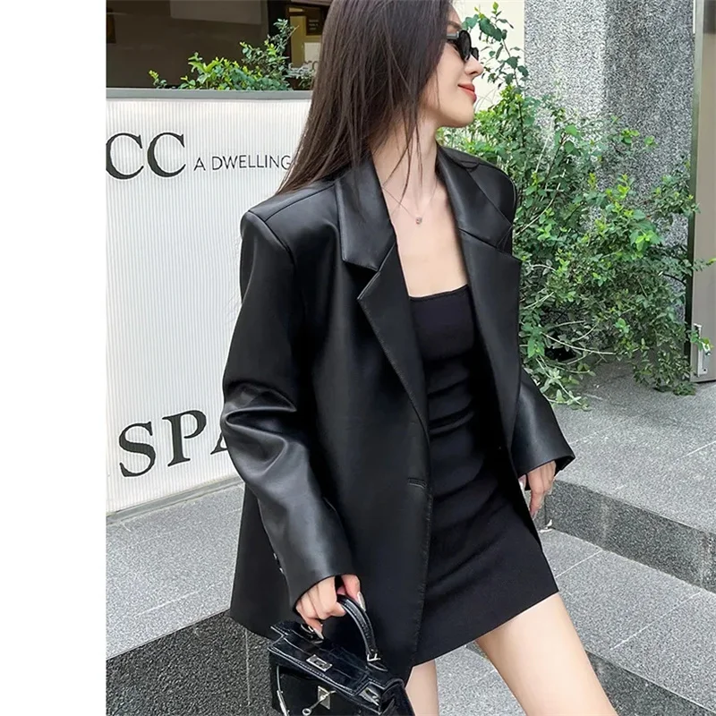 ขั้นสูงผู้หญิงสีทึบ PU หนังแจ็คเก็ต 2025 หญิงแขนยาวหนัง Outwear ฤดูใบไม้ผลิฤดูใบไม้ร่วง Lady Faux หนัง Tops Coat