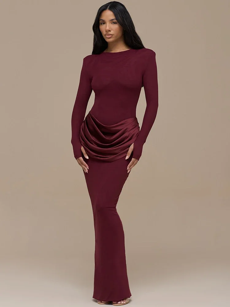 

Long Sleeve High Waist Ruched Sexy Maxi Dress Women Gown Elegant O Neck Bodycon Club Party Split Long Dresses Female