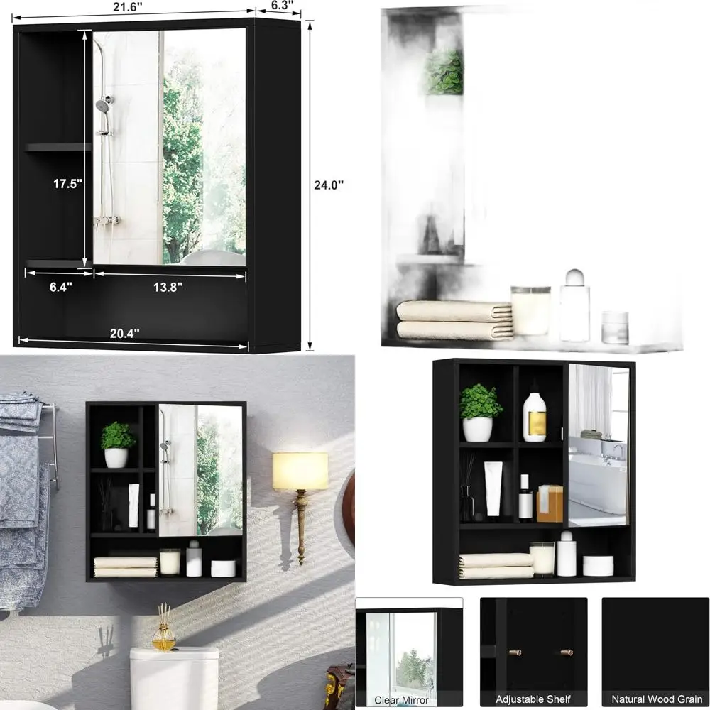 

Space-Saving Toilet Storage Cabinet with Mirror, Single Door, and Adjustable Shelf in Black