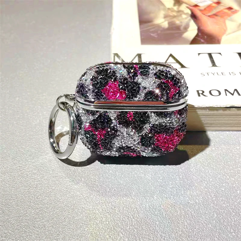 Funda para auriculares con purpurina de leopardo y diamantes para Apple Airpods Pro2 Airpod 3 2 1, llavero de lujo, funda de carga para auriculares Bluetooth