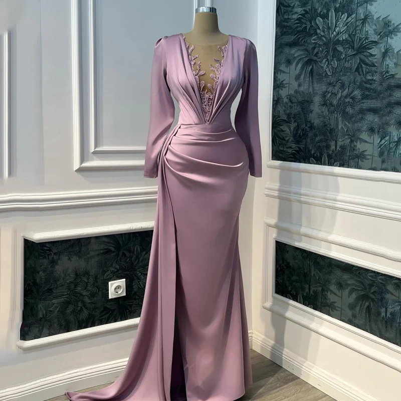 Purple Prom Dresses Long Sleeves O-neck Mermaid Evening Dress Beading Saudi Arabia Cocktail Pleated Party Gowns Custom Size