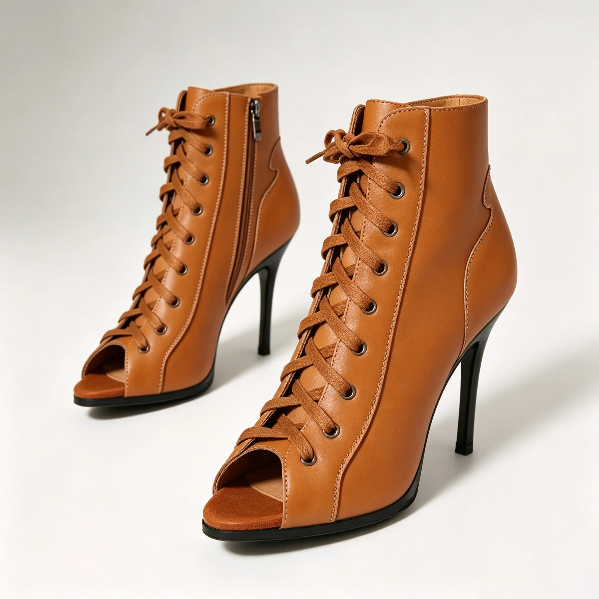 Evk Women's Tan Latin Ankle Dance Boots Peep Toe Side Zipper Stiletto Heel Salsa Tango Ballroom Shoes Girls Party Dancing Sandal