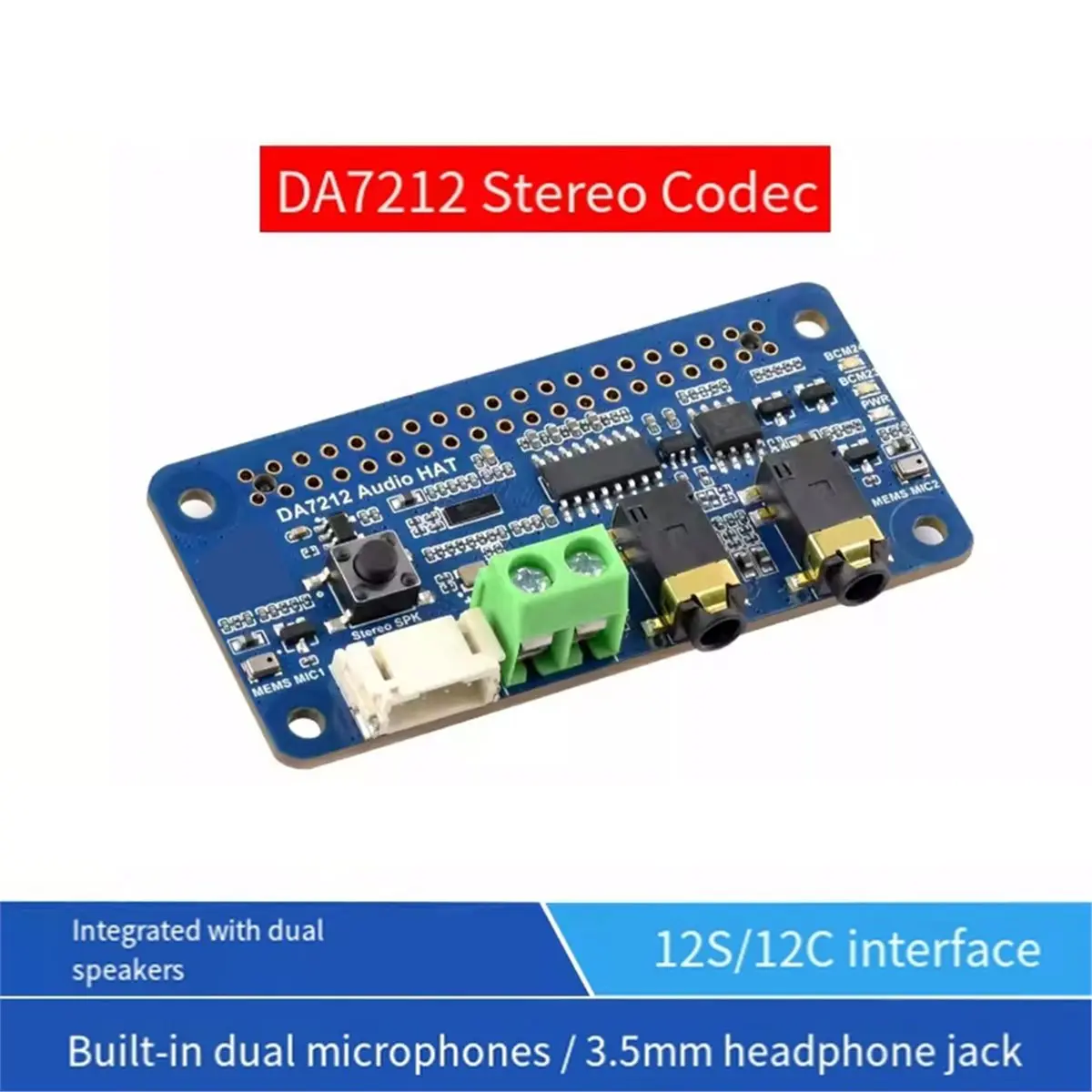 newA10R DA7212 I2S Audio Board with Speaker for Stereo Codec Dual Microphones Headphone & AUX I/O