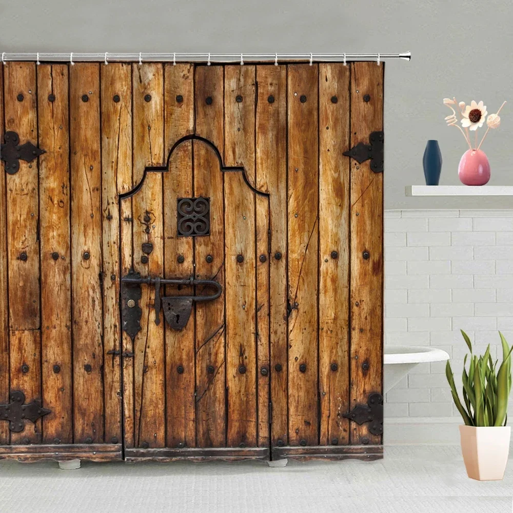 Vintage Old Wooden Door Shower Curtain Farm Barn Plant Board Windows Brick Wall Retro Bath Curtains Modern Fabric Bathroom Decor