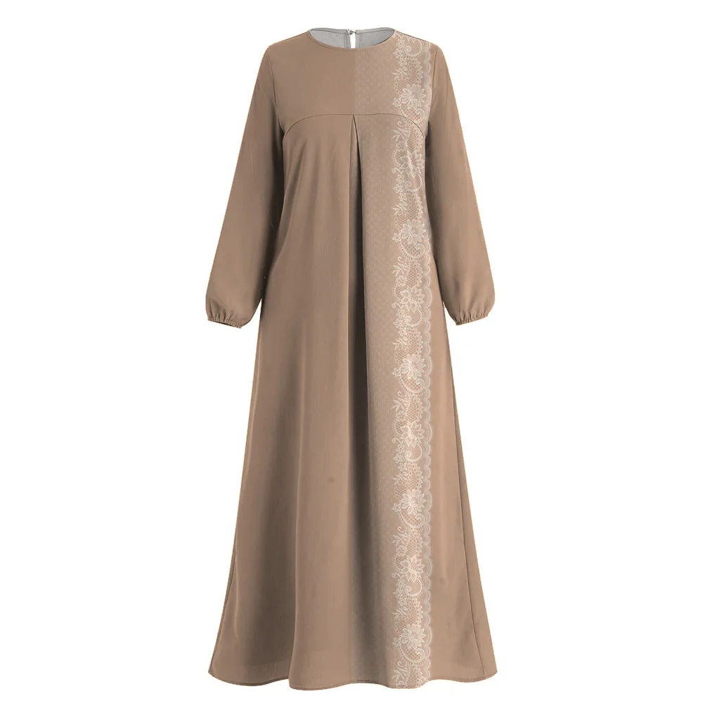 Muzułmańska islamska Femme Casual Abaya Dubai Turcja Odzież Koronkowy nadruk Długi rękaw Kaftan O-neck Lantern Rękawy Muzułmańska sukienka Abaya