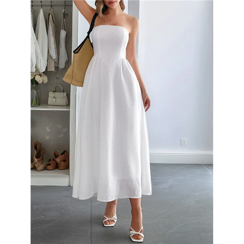 

ASDS-Women Strapless Tube Maxi Dress Flowy Swing Long Sundress Sleeveless Summer Boho Beach Dress With Pokets