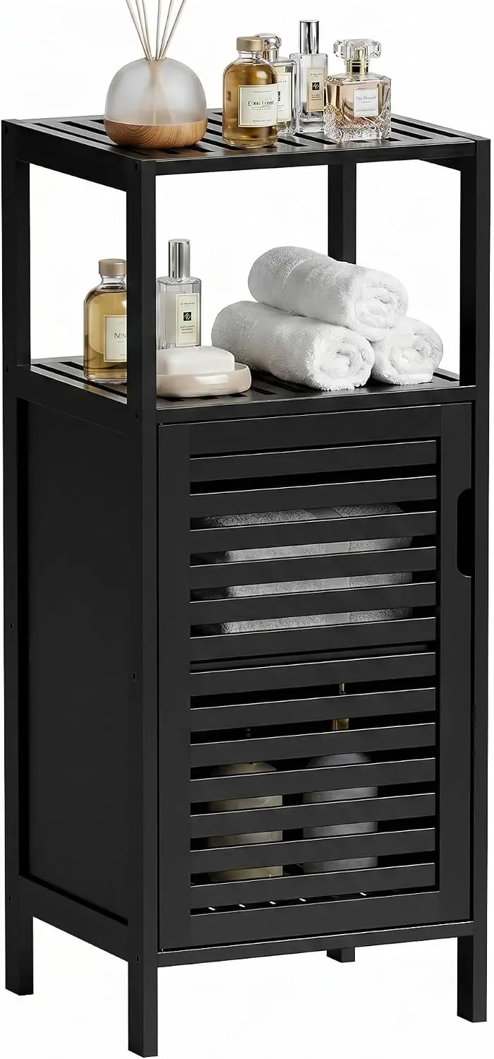 Bamboo Floor Cabinet, Small Bathroom Cabinet Floor Standing, 4 Tier Narrow Side Storage Cabinet, Space Saving Kitchen Cupboard with Single Door, Black