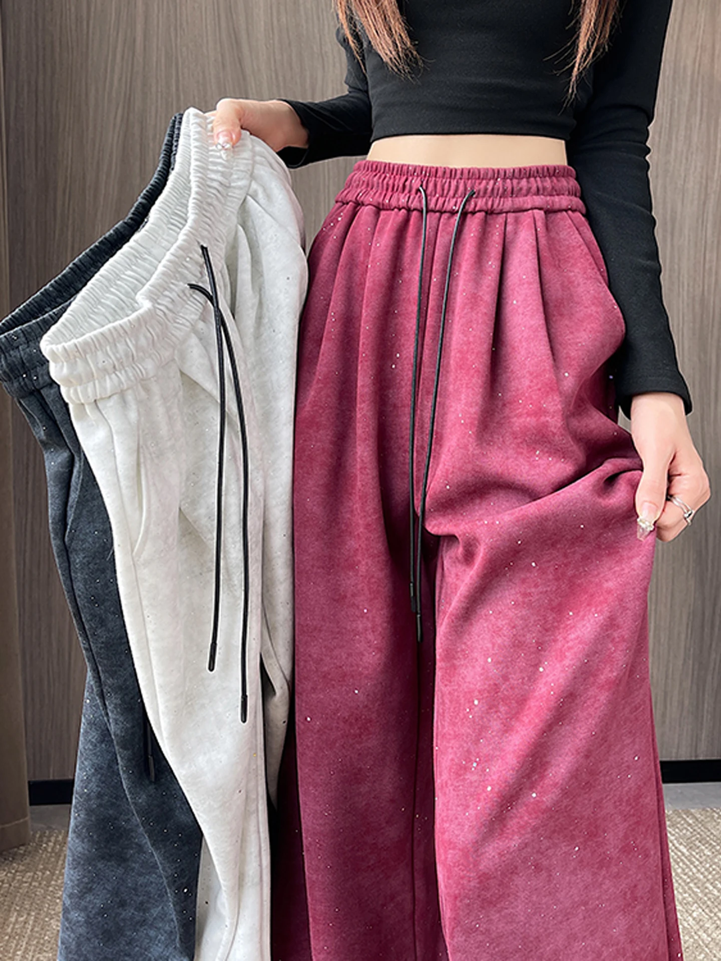 Pantalones deportivos de pierna ancha de cintura alta para mujer, pantalón informal holgado teñido, corte recto, para ir al trabajo, Color puro Simple coreano