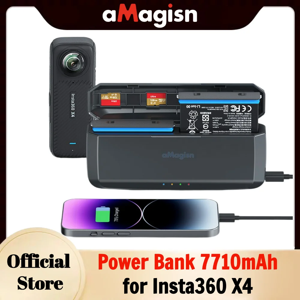 

aMagisn Battery Charger,Dual Battery Charging Case,20W Fast Charging,7710mAh High Capacity Power Bank for Insta360 X4 Battery