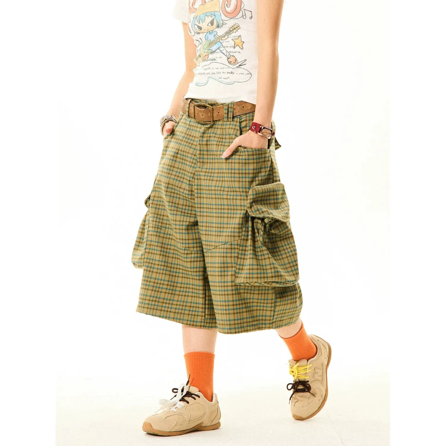 American Style Plaid Workwear Wide Leg Seven-Foot Pants Women Casual Versatile Shorts Pocket Detail Loose Fit Summer Shorts