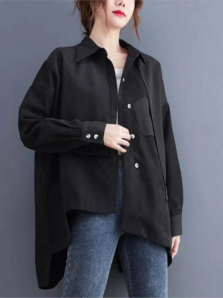 Autumn Irregular Patchwork Shirts Tops Women Loose Pleated Fashion Ladies Blouses Casual Long Sleeve Oversized Woman Shirt Tops