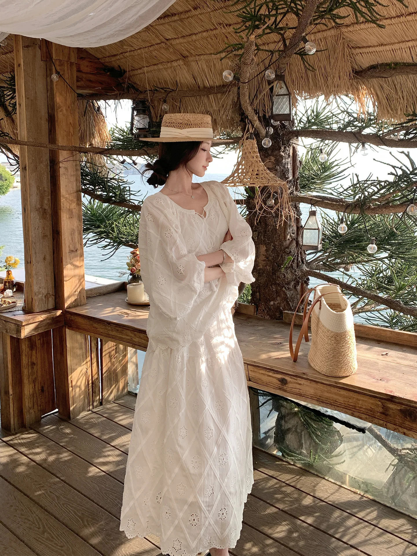 

Women's Linen Salted Caramel Two-Piece Set Hollow out irt And Skirt Pure Color Romantic Faion Spring Collection