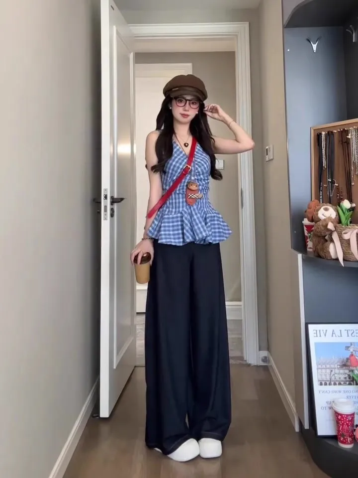 Sweet Fre Plaid V-ne Gilet Top Vita alta Dimagrante Denim Pantaloni a gamba larga Sli Faion Set Abito casual estivo da donna