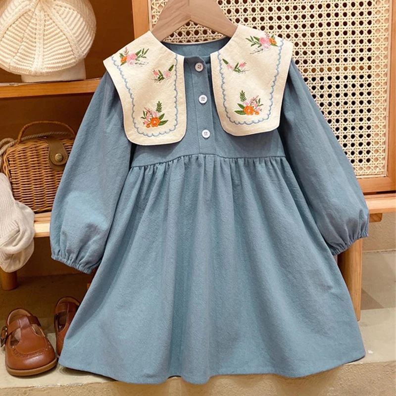 2023 New Spring Autumn Long Sleeve Lapel Casual Dress Embroidered Kid Clothes Girl Korean Style Children Dress