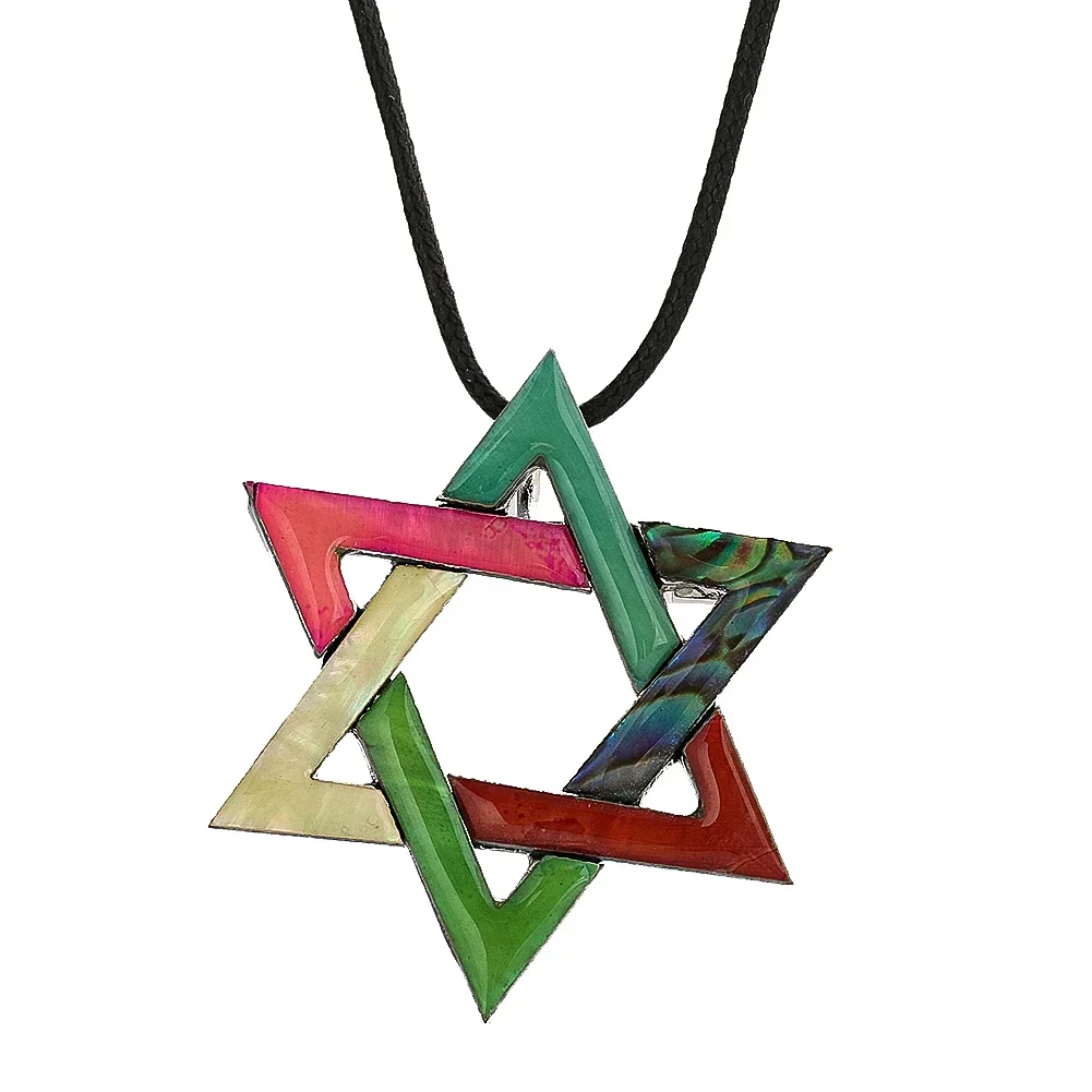 Hexagram Star of David Colorful Abalone Shell Metal Brooch Pendant Necklace Charms Badge Lapel Woman Jewelry Pins for Backpacks