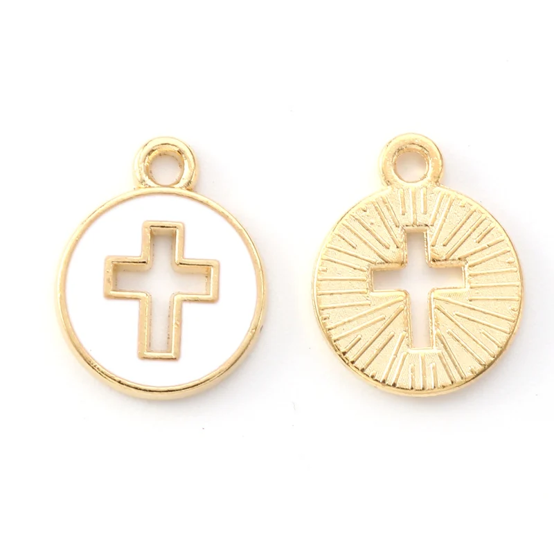 10pcs Light Gold Plated Alloy Enamel Pendants Flated Round with Cross White 15x12x1.5mm Hole: 1.6mm