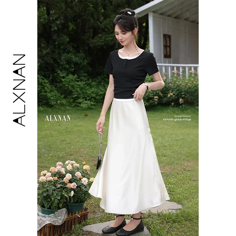 ALXNAN Plus Size Black Skirt Elegant Lace Patchwork A-line Satin Women Midi Skirt Summer Casual Fashion Ladies Clothing D10733