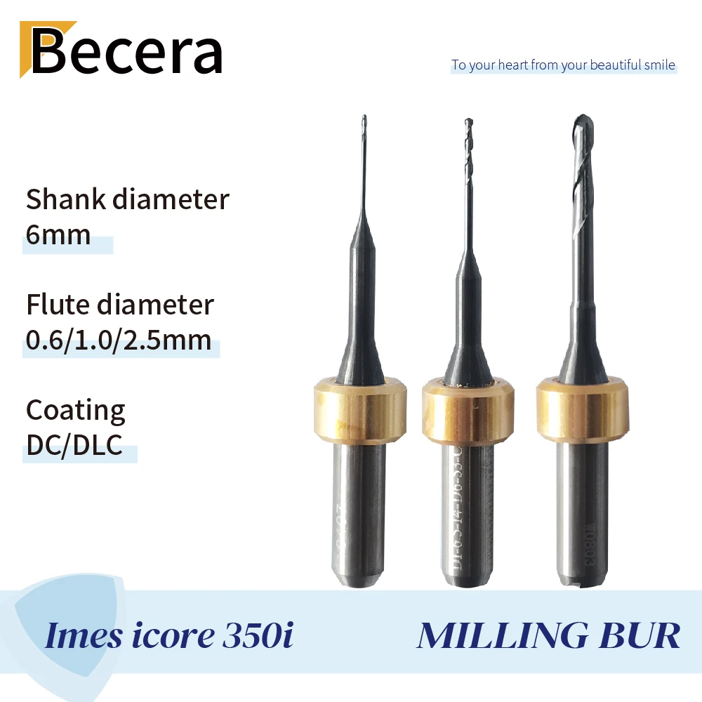 

Dental Milling Burs With Diamond Coating Imes Icore 350 for Mill Zirconia Block Shank 6 MM Available Size 0.6 /1.0/ 2.5