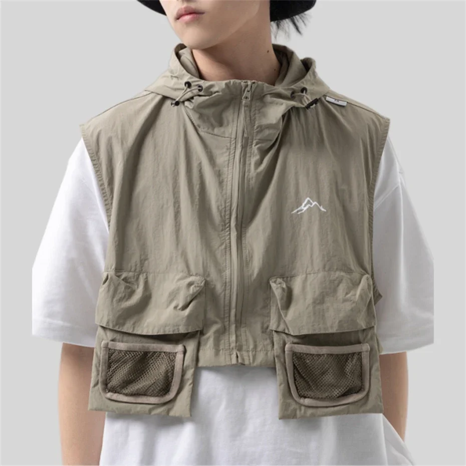 2025 New Spring Cargo Vest Jackets Men Harajuku Sleeveless Hooded Jackets Coats Men Japan Style Outdoor Pockets Zip Up Vests