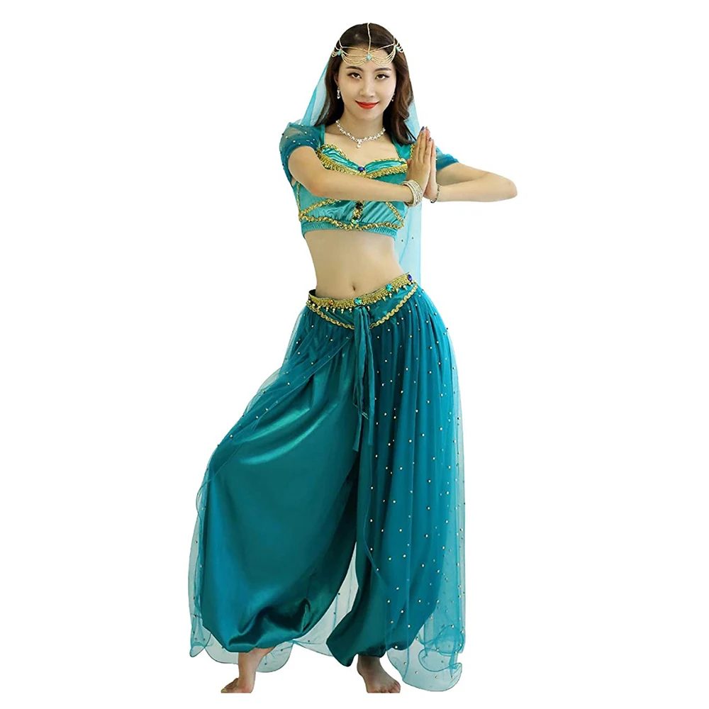 Costume de Princesse Jasmine Arabe pour Fille, Ensemble 3 Pièces, Haut, Pantalon, Voile, Tenue de Barrage, pour ixd'Anniversaire et d'Halloween